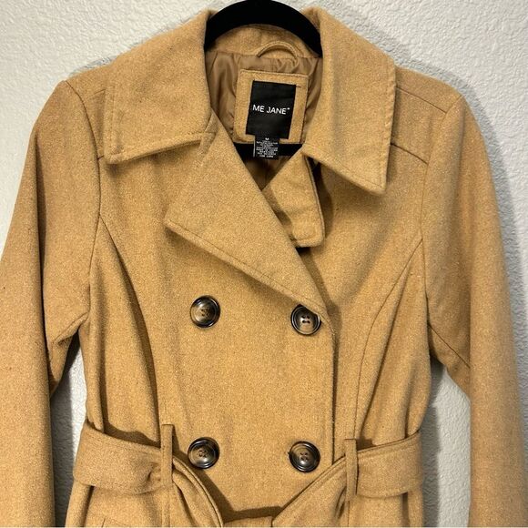 Me Jane Camel Pea Coat Wool Blend Size Medium With Belt - Picture 2 of 11